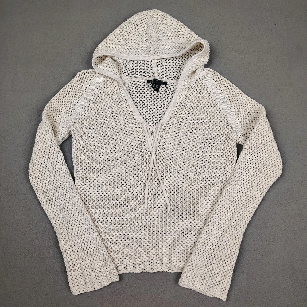 Y2K Abercrombie Fitch Crochet Knit Hooded Pullover Women Medium Cream Bella Swan